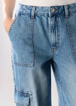 Pantaloni cargo wide leg in denim di puro cotone donna