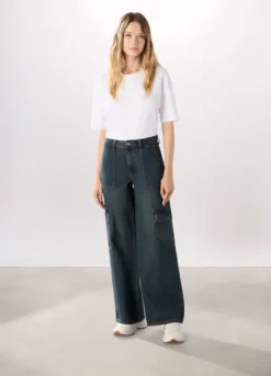 Pantaloni cargo wide leg in denim di puro cotone donna