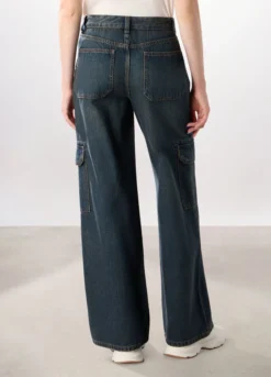 Pantaloni cargo wide leg in denim di puro cotone donna