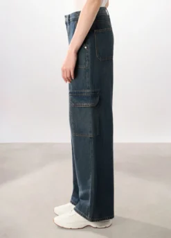Pantaloni cargo wide leg in denim di puro cotone donna