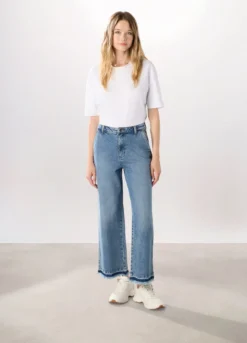 Pantaloni wide leg in denim di puro cotone donna