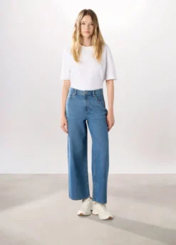 Pantaloni wide leg in denim di puro cotone donna