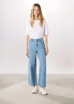 Pantaloni wide leg in denim di puro cotone donna