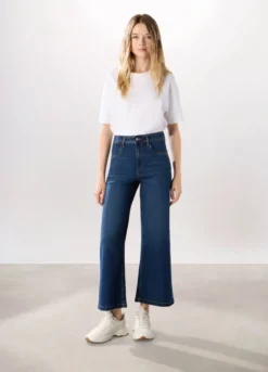 Pantaloni wide leg in denim misto cotone stretch