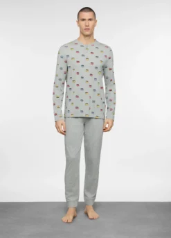 Pigiama lungo in cotone grigio stampato uomo