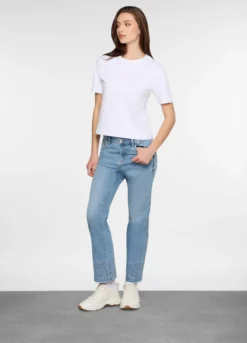 5 Tasche fit Mini Flare in denim stretch con ricamo al fondo donna