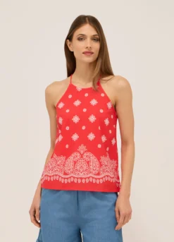 Top misto lino con stampa donna
