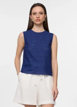 Top smanicato a girocollo in puro cotone sangallo donna