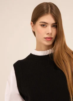 Tricot smanicato misto viscosa con inserto camicia donna