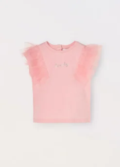 T-shirt smanicata in cotone stretch con tulle neonata