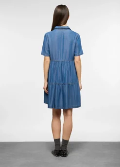 Vestito corto con scollo a V e colletto classico in denim di puro cotone donna