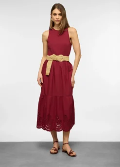 Vestito lungo smanicato a girocollo in puro cotone con ricamo donna